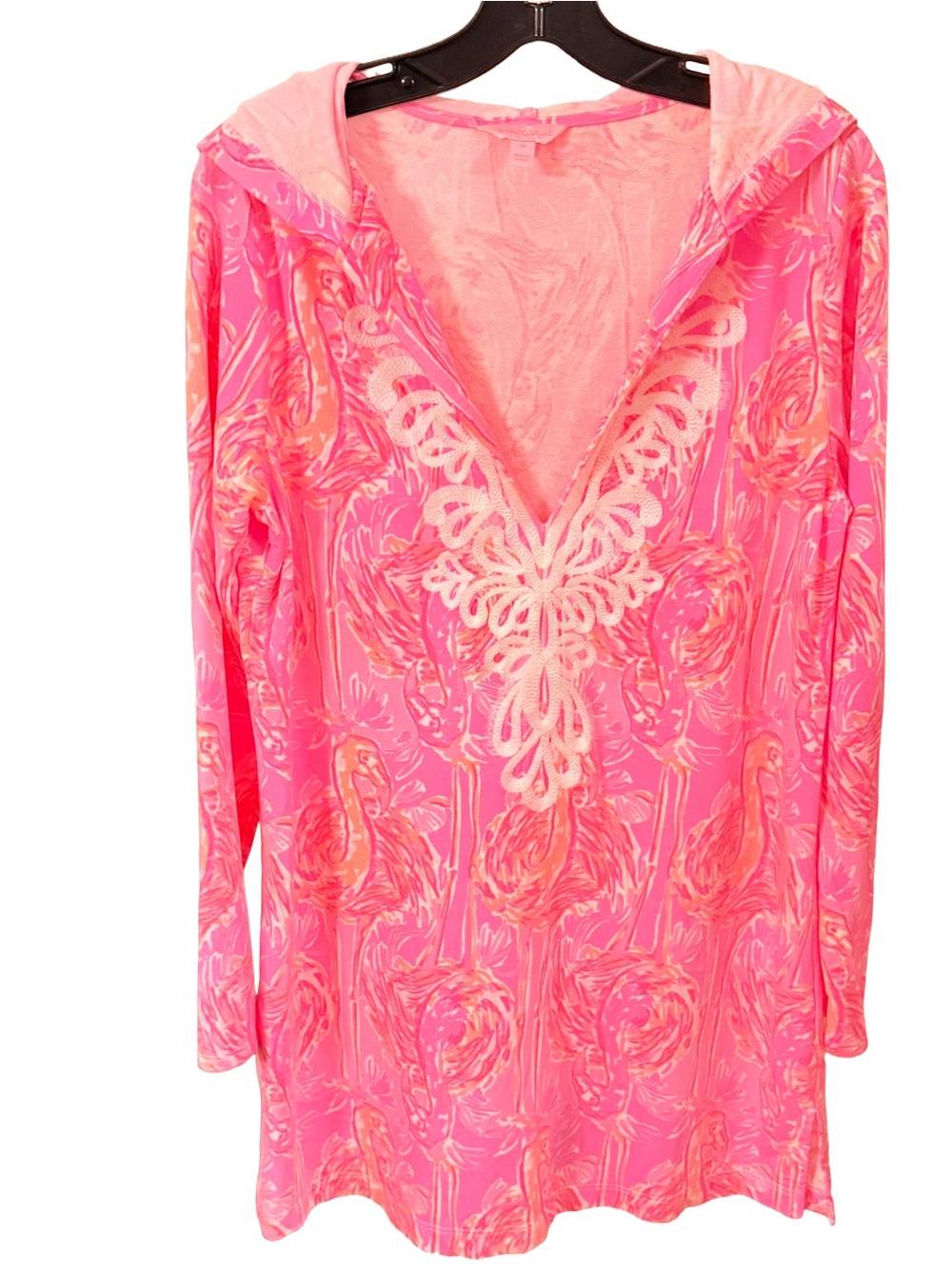 Lilly Pulitzer Kaia Tunic Dress / Swim Cover-up Flamingo Print Hood Sz M
